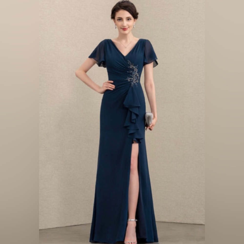 JJ’s House V-neck Floor-Length Dress With Beading Cascading Ruffles in Burgundy